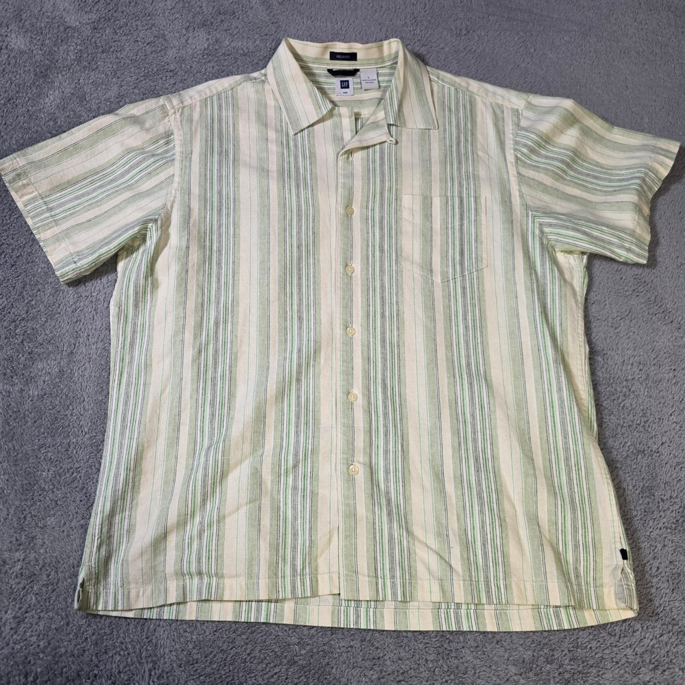 Gap Mens L Short Sleeve Button Down Shirt Green Cream Striped Linen Cotton Blend